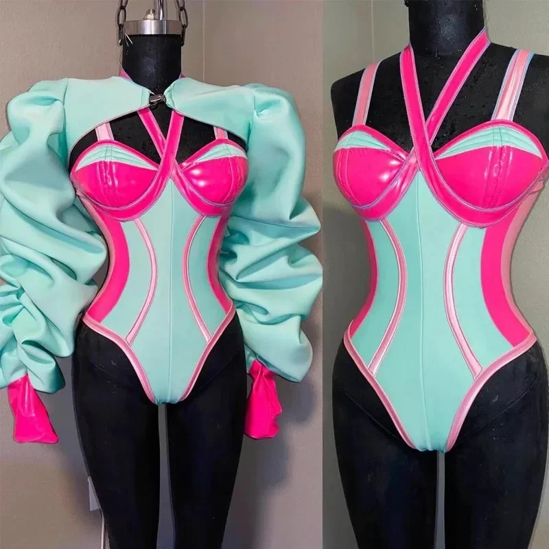 Новый комбинированный топ с пузырьковыми рукавами розового и зеленого цвета +