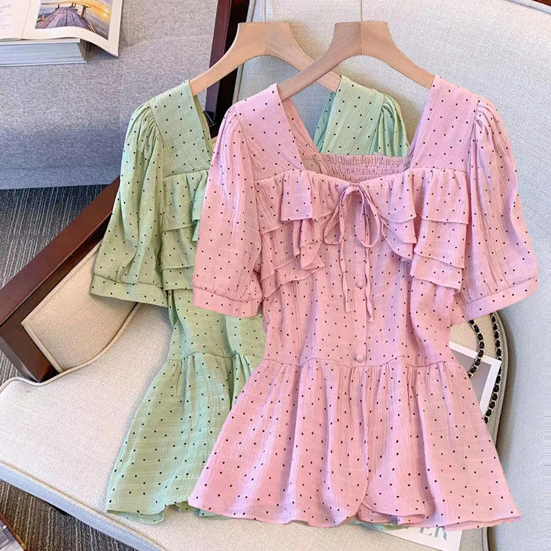 

Oversize L-4XL Sweet Ruffles Blouses Women 2022 Summer Fashion Pleated Large Shirts Short Sleeve Lace Up Squre Collar Tops