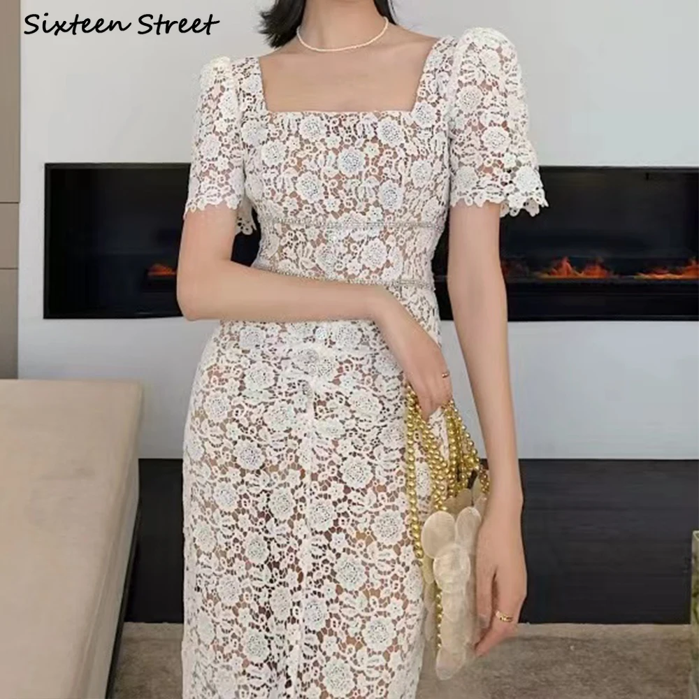 

White Lace Dresses Women 2023 Summer Square Neck High Waist Diamond Embroidery Party Dress Women Clothing Runway Design Bodycon