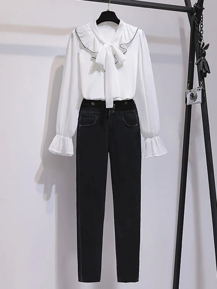 

Women Korean Casual Bow Collar Long Sleeve White Shirt And Denim Pencil Pant Two Piece Set Office Ladies Elegant Outfits 2022