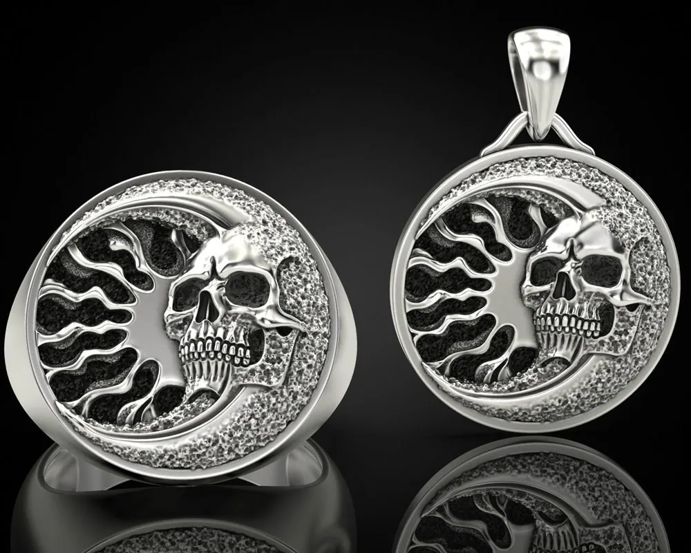 

28.5g Burning Skull Moon Sun For Mens Jewelry Set Pendant Ring 925 Solid Sterling Silver Us sz 14