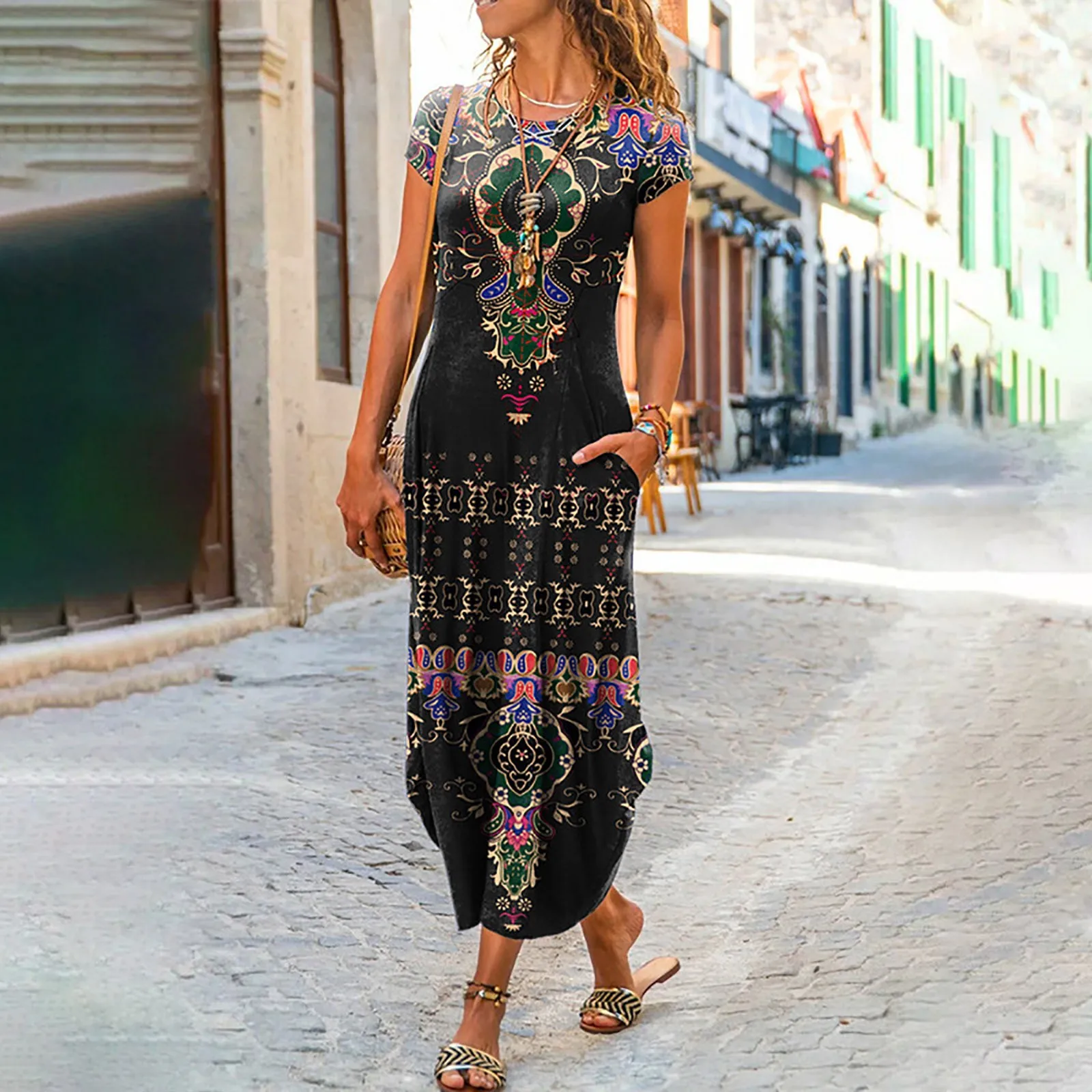 

Women's Short Sleeve Split Maxi Dress Casual Plain Tie Dye Print Tshirt Long Dresses With Pockets