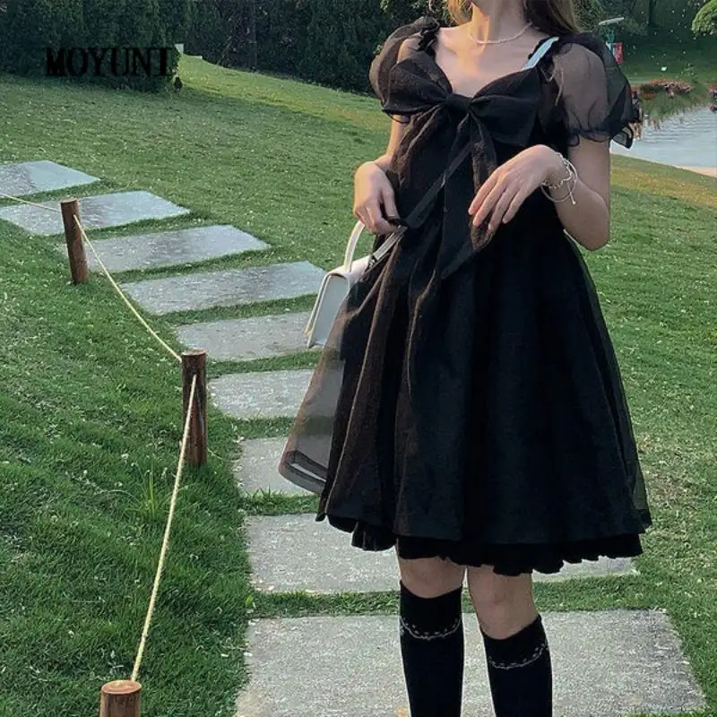 

Милое женское платье MOYUNI, белое шифоновое милое мини-платье 2022, летнее элегантное платье принцессы с волшебным бантом, оборками и квадратны...