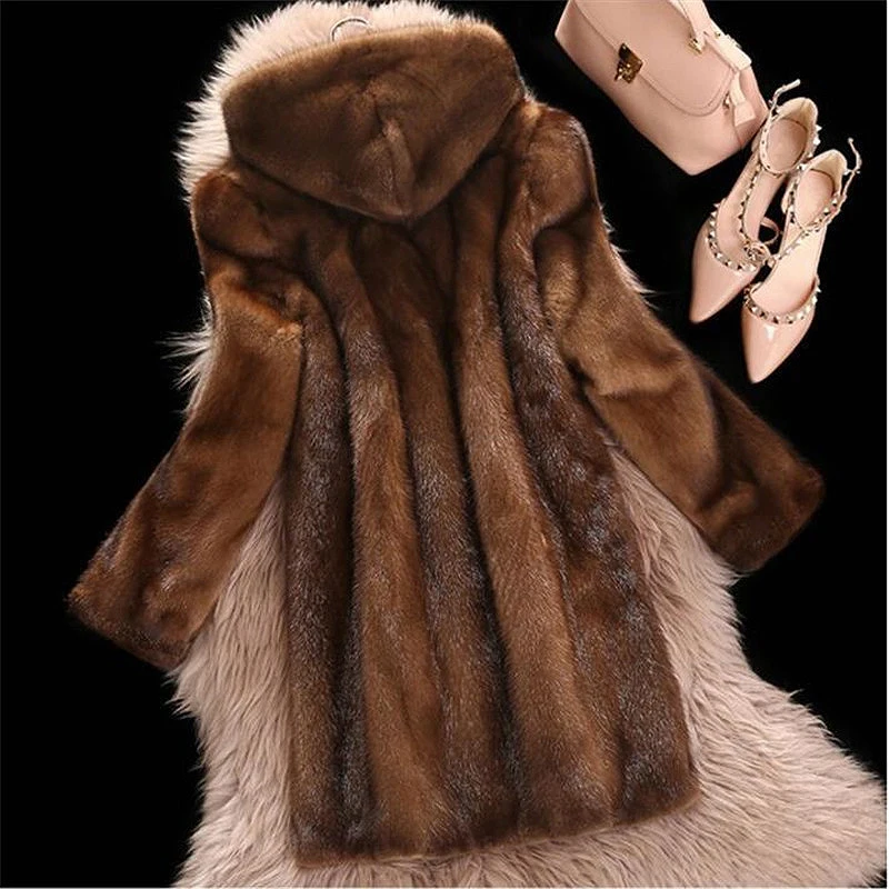 Women Mink Coats Female Mink Fur Coat Hooded Long Fur Coat Ladies Thick Warm Luxury Winter Clothes Large Size Faux Fur Coats