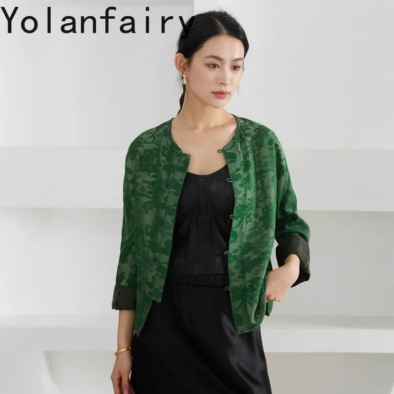 Фото YOLANFAIRY 40 Momme Жаккардовая двусторонняя куртка из гамбированных шелковых тканей для женщин, 30% шелковые рубашки и блузки из тутового шелка, элегантный топ 2026 №2