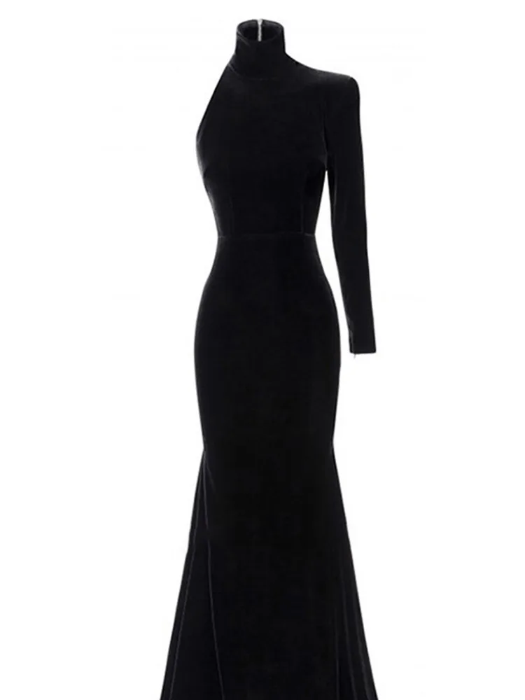 DEAT Элегантное платье асимметричное на одно плечо с высоким воротником