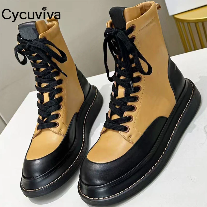 

2022 Thick Sole Flat Knight Boots Women Genuine Leather Platform Ankle Chelsea Boots Lace Up Cowboy Combat Women Botas Mujer