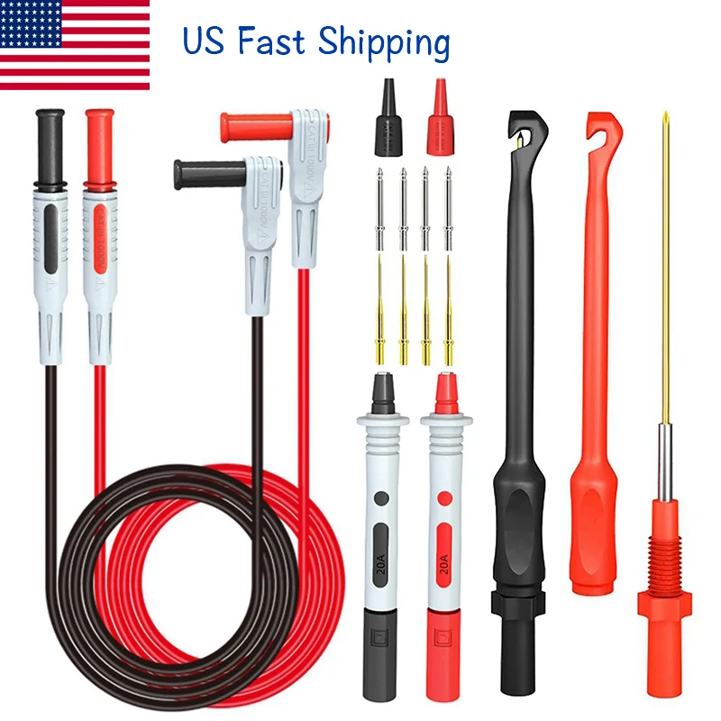 

Cleqee US Warehouse P1033B 16PCS Multimeter Test Probes Leads Kit with Wire Piercing Puncture 4mm Banana Plug Cable 1000V