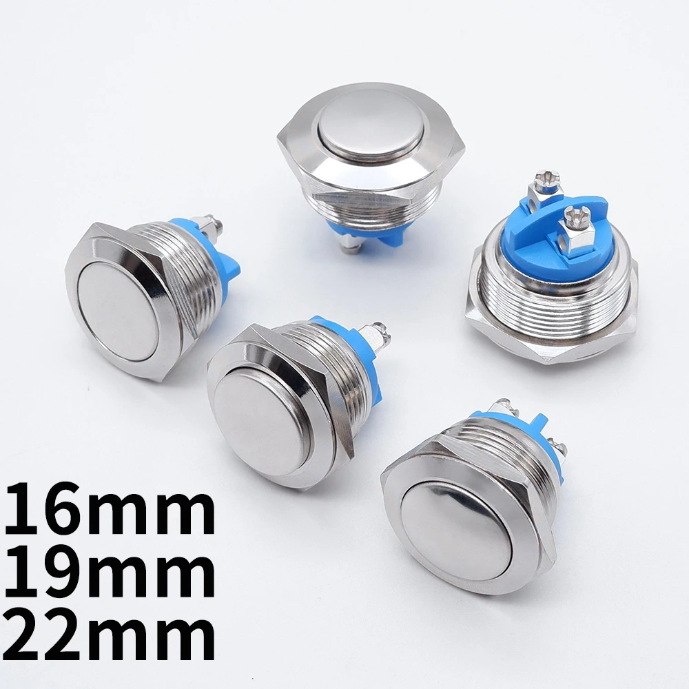 

16/19/22mm Metal Push Button Momentary Self-Reset PC Power Start Stop Switch Doorbell Button High Flat Head Screw Terminal 1NO