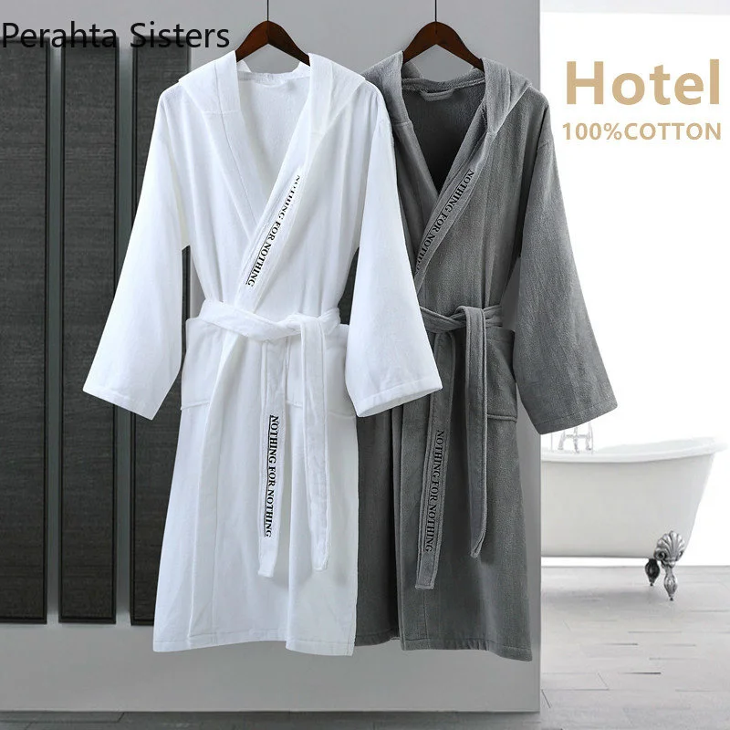 

Winter Hotel Five Star Warm Robes Men Women 100% Cotton Absorb Water Elegant Letter Embroidered Hooded Bathrobe