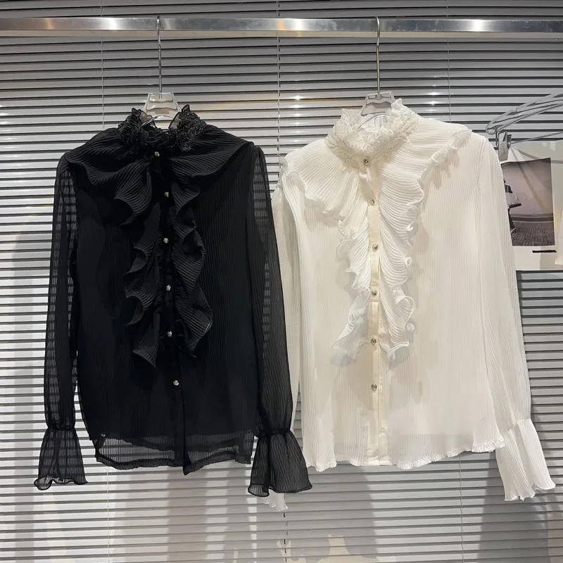 

BORVEMAYS 2023 Autumn New Elegant Shirt Loose Ruffles Stand Collar Long Sleeve Single-breasted Mesh Pleated Blouses WZ5078