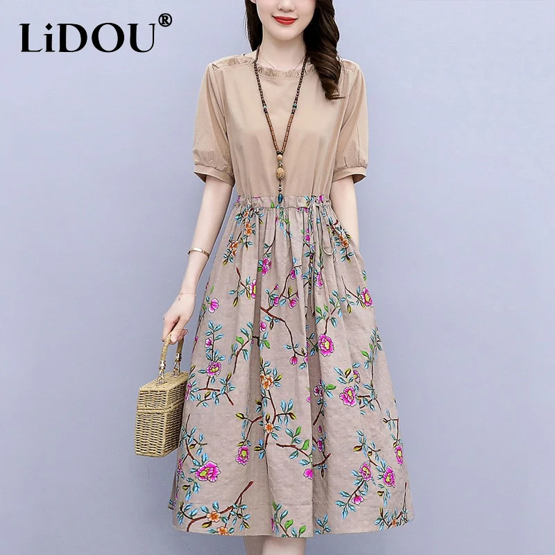 

Cotton Hemp Short Sleeve Dress 2023 Summer Floral Printing Mid-length Vintage Dress Women Loose Casual Comfortable Elegant Dress