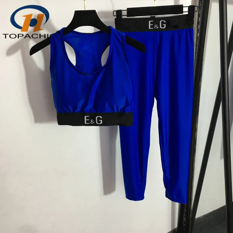 

Женский Повседневный комплект для йоги, укороченный топ с лентой и синими буквами и леггинсы с эластичным поясом, 8,29