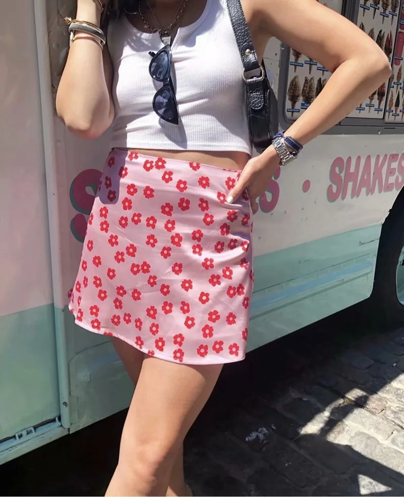 

New Fashion Women Floral Print Skirt Summer Casual Breathable High Waist Hidden Zipper Short Skirt Street Style Hot Sale