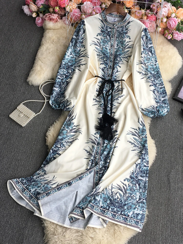 

Fitaylor New Spring Autumn Print Floral Long Dress Women Vintage Stand Collar Single Breasted Dress Lady Fashion A-line Dress