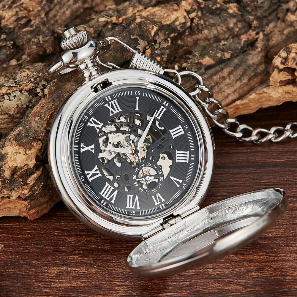 Sliver Steampunk Automatic Mechanical Skeleton Pocket Watches Men Women Luxury Brand Hand Wind Necklace Pocket & Fob Chain