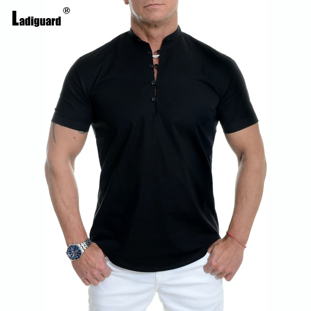 Ladiguard 2022 Summer New Fashion Tops Men's Button Fly T-shirt Masculinas Casual Pullovers Men Tees Clothing Plus Size S-5XL