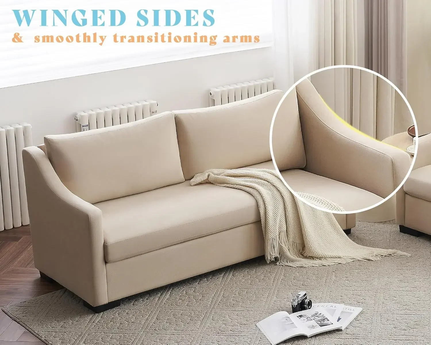 Couch Comfy Sofa with Slope Armrests 2 Piece Set Extra Deep Seat for Living Room Apartment Lounge Beige