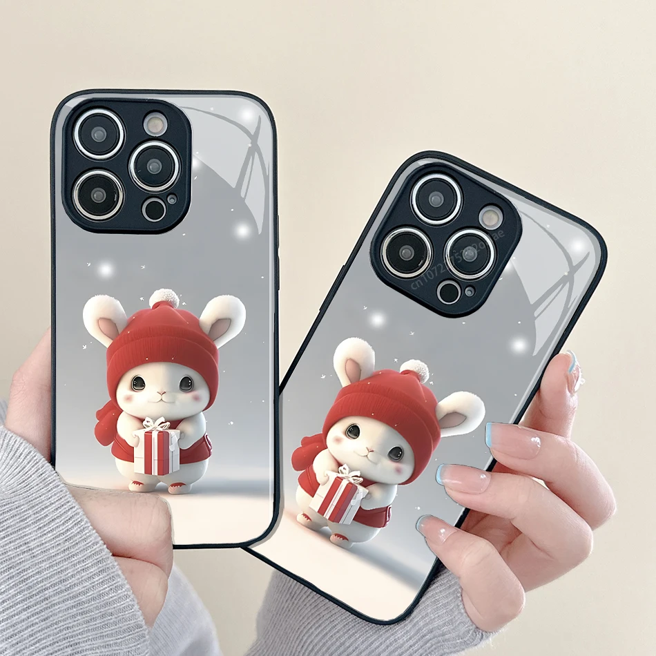 

Cartoon Rabbit Painted Glass Phone Case For iPhone 14 13 12 11 Pro Max Mini XS Max X XR 7 8 Plus Se2 SE3 Protection Back Cover