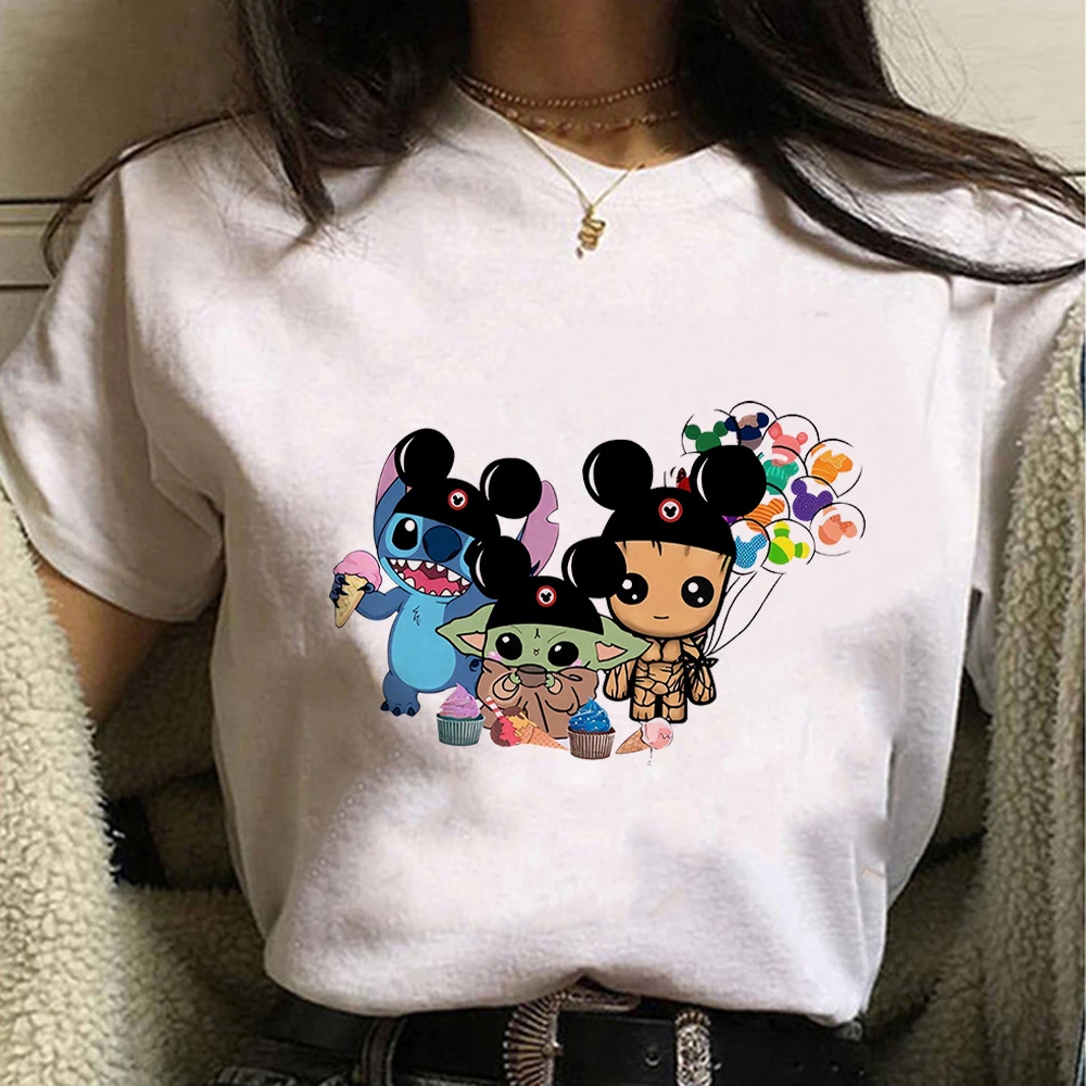 

Disney Mickey Stitch Groot Woman T-shirt 2023 Summer Fashion Disneyland Trip Clothes Kawaii Harajuku Female Blouses T Shirts