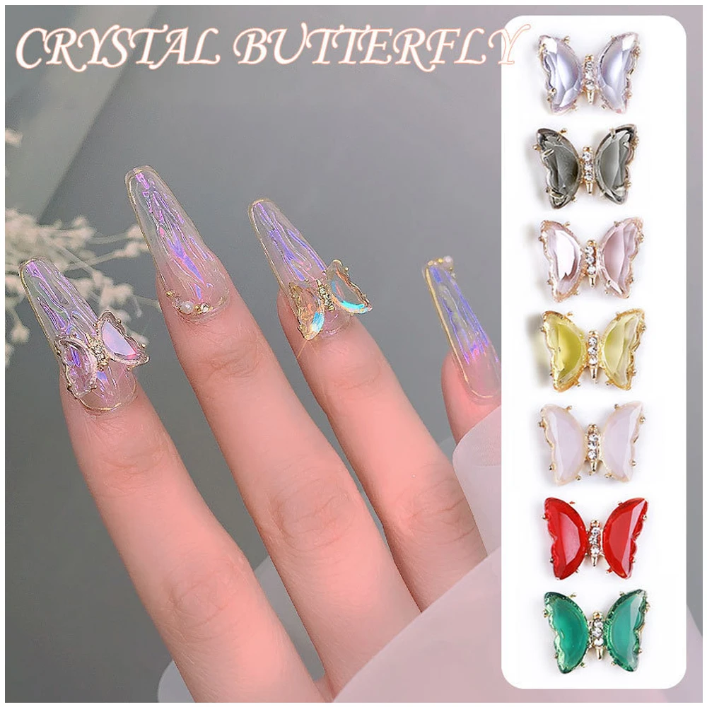 

1Pc Colorful Crystal Butterfly Nail Art Jewelry Ice Through Aurora Rhinestone Alloy Metal 3D Charm Manicure Accessory Wholesale