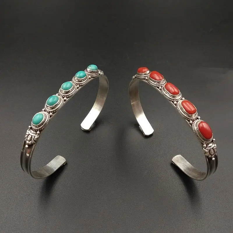 

New Retro Style Handmade Jewelry Silver Green Stone Bracelet Open Bracelet Retro Creative Personality Jewelry Accessories