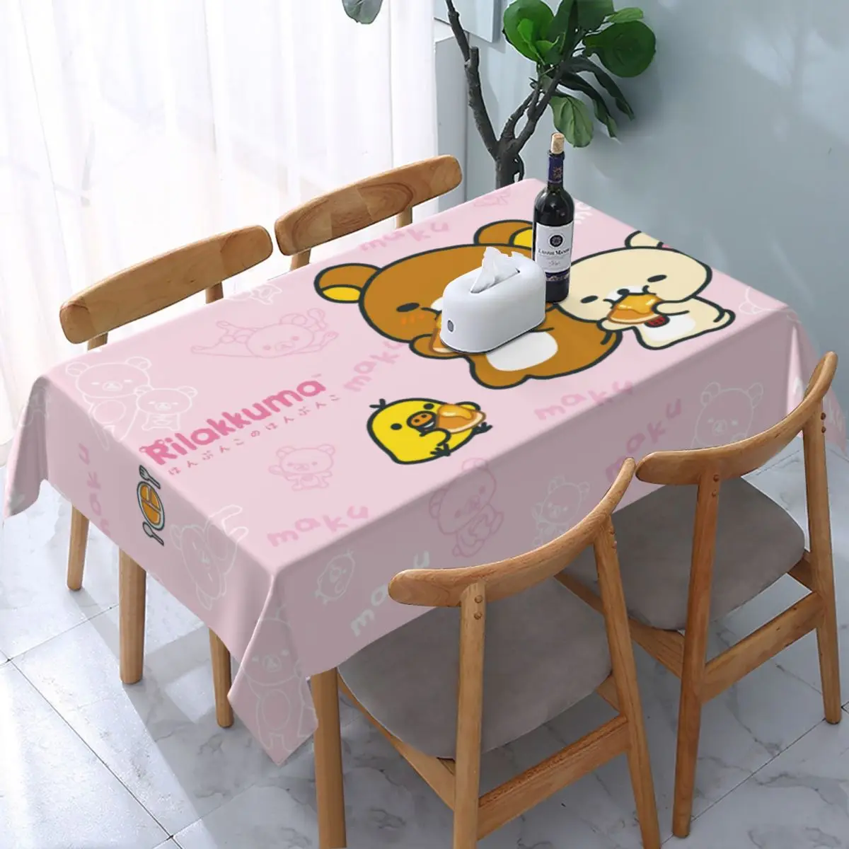 

Rectangular Kawaii Cartoon Rilakkuma Bear Table Cloth Waterproof Tablecloth 45"-50" Table Cover Backed with Elastic Edge