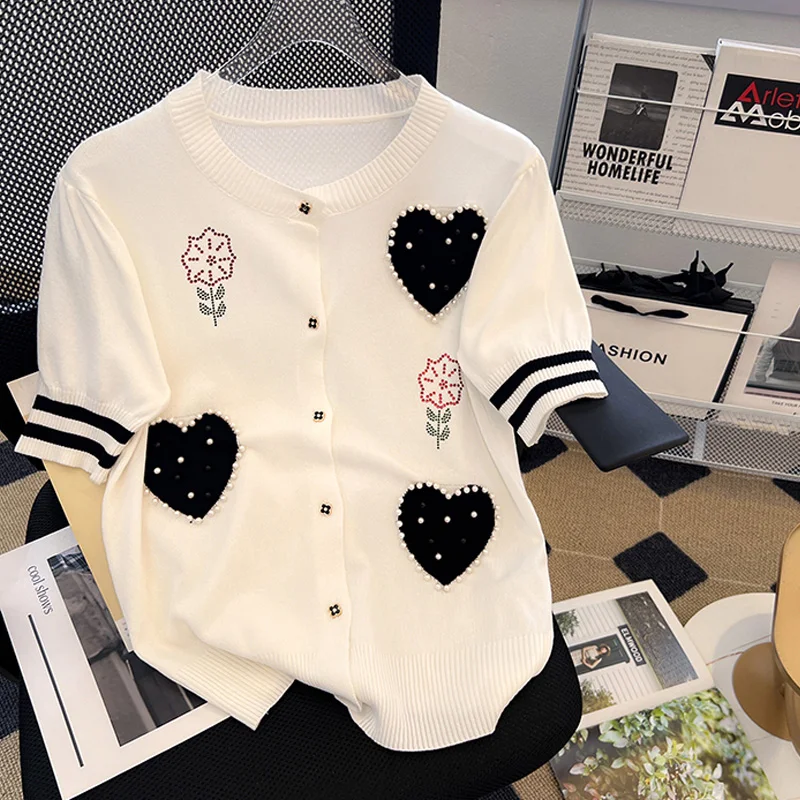 

Women 2022 New Lapel Slim Slimming Tops Ladies Beading Buttons O Neck Short Sleeve Knit Cardigan Sweater Oversized