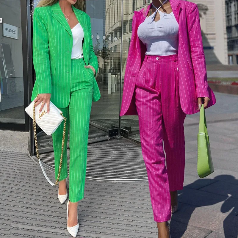 

Fashion Striped Pant Suits For Women Green Red Single Breasted Female Casual Blazers Pencil Trouser Business Jacket 2 Piece Sets