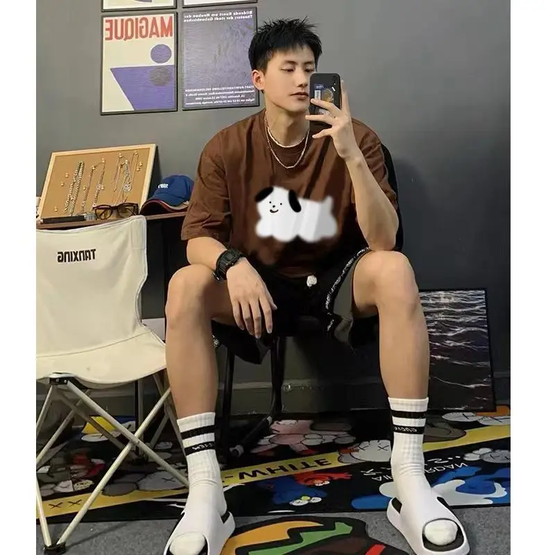 

Хлопковая футболка в гонконгском стиле с винтажным принтом и коротким рукавом, мужская и женская летняя свободная Милая футболка с коротким рукавом, футболка в стиле ins