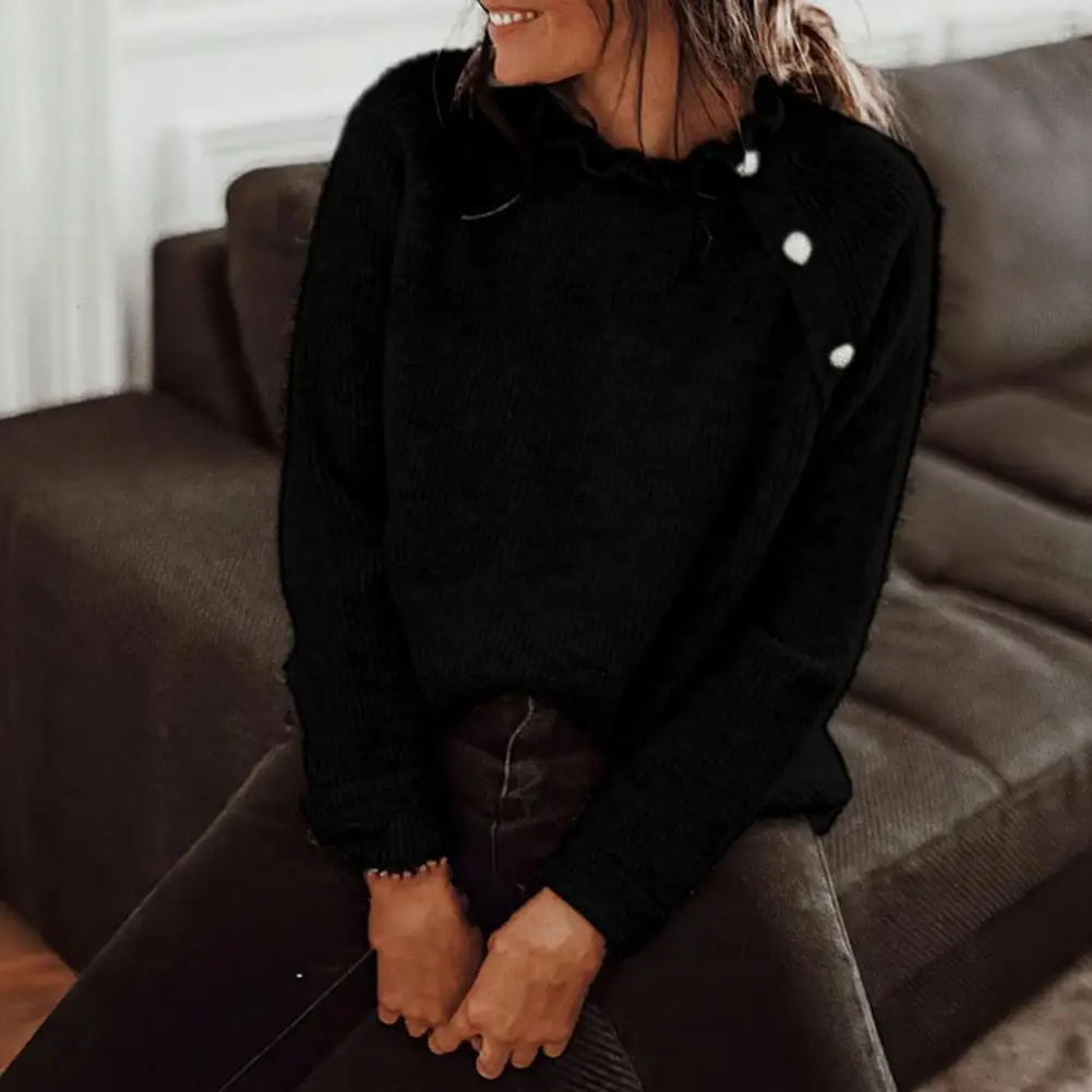 

Удобный Классический Модный пуловер, трикотажная блузка в рубчик с рюшами на воротнике, женская блузка с декоративными пуговицами, уличная ...