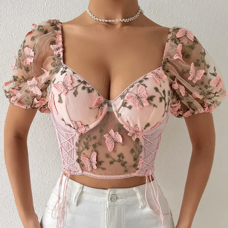 

Backless Woman Blouse Fishbon Corset Built In Bra Butterfly Embroidery Mesh Patchwork Lace-up Blouses Female Dropshipping