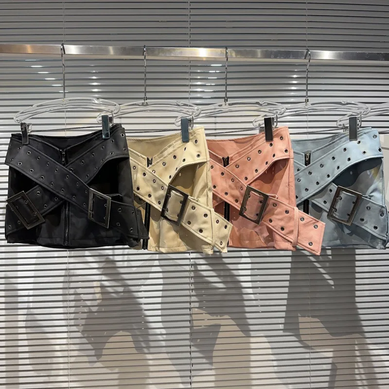 

PREPOMP 2023 Autumn New Collection Holes Criss-cross Belt Faux Leather Slim Short Bodycon Skirt Women GL121