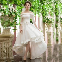 pastrol boat neck long sleeves highlow wedding dress bow belt floral pattern button back tulle train vestido de novia 2022
