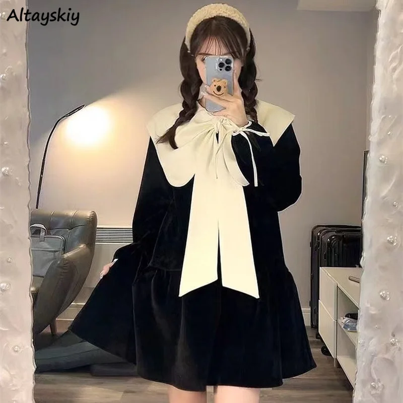 

Long Sleeve Dress Women Soft Cute Sweet Gentle Princess Students Japanese Style Simple High Waist Patchwork Female Bow Ins New