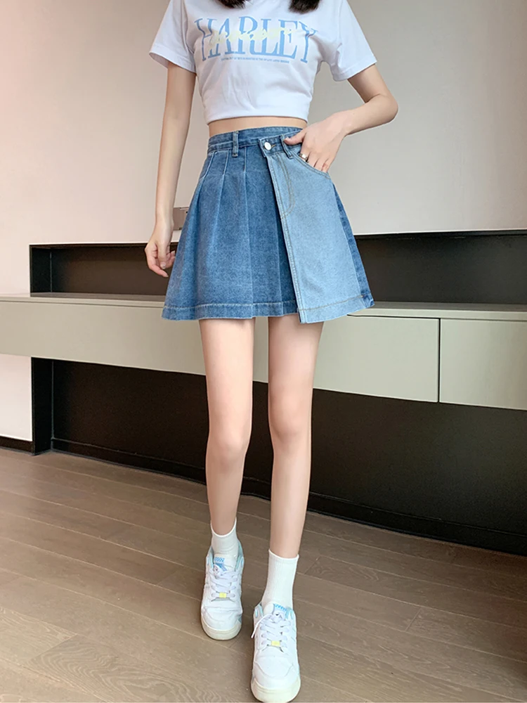 Summer Casual Women Empire Slim Pleated Denim Shorts Vintage Lady High Street Wide Leg Denim Culottes