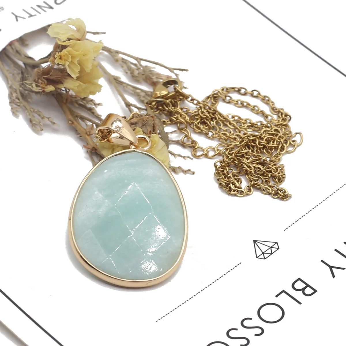 

Natural Amazonite Stone Pendant Necklaces Moon Round Oval Hexagon Golden Link Chains Crystals Charms Necklace For Women Jewelry