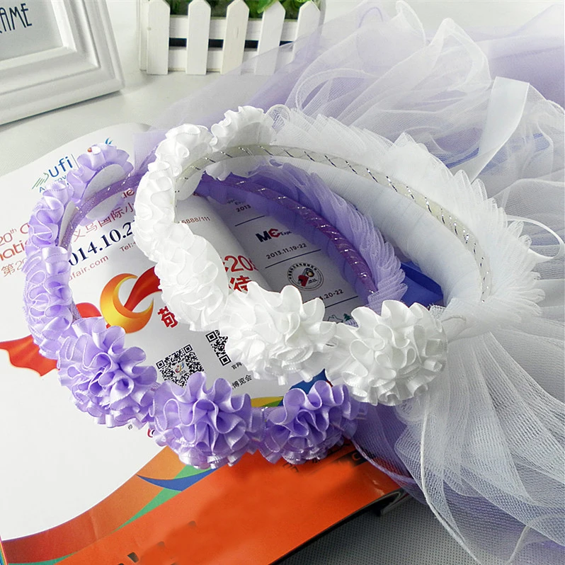 

Kid Bridal Veil Flower Hair Wreath Garland Wedding Headband Lace Up Ribbon Party Accessory
