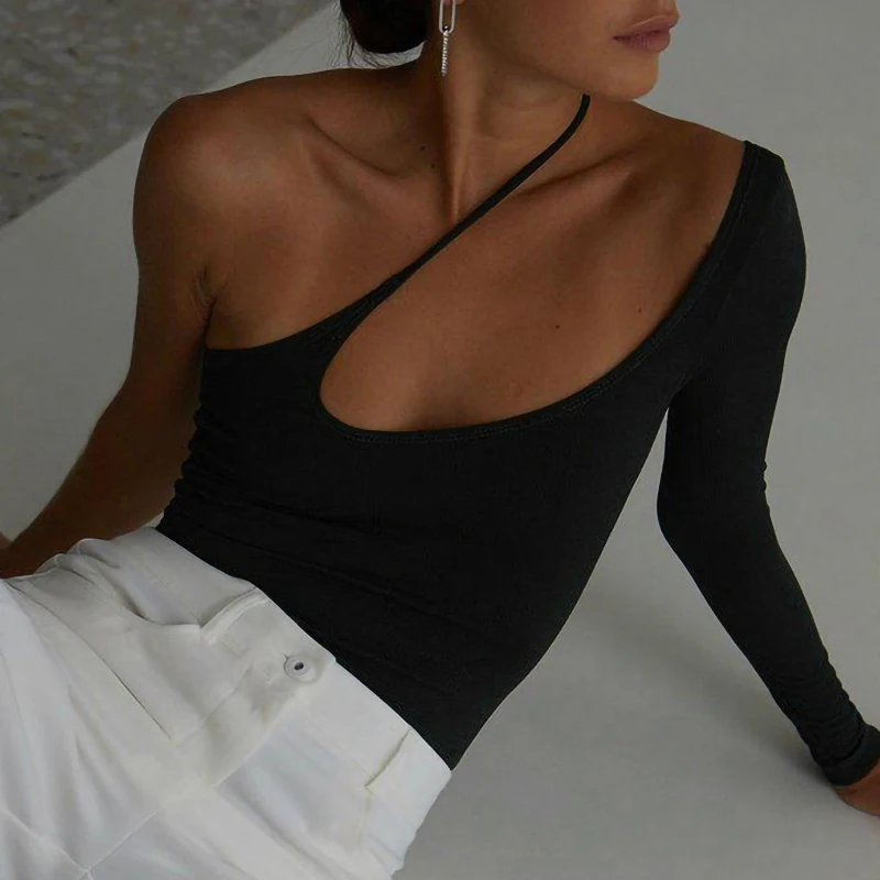 

Sexy Crop Top Women Casual Long Sleeve T-shirt Fashion Solid Irregular One-shoulder Slim Fit Tops Ladies Bodycon Tee Shirt