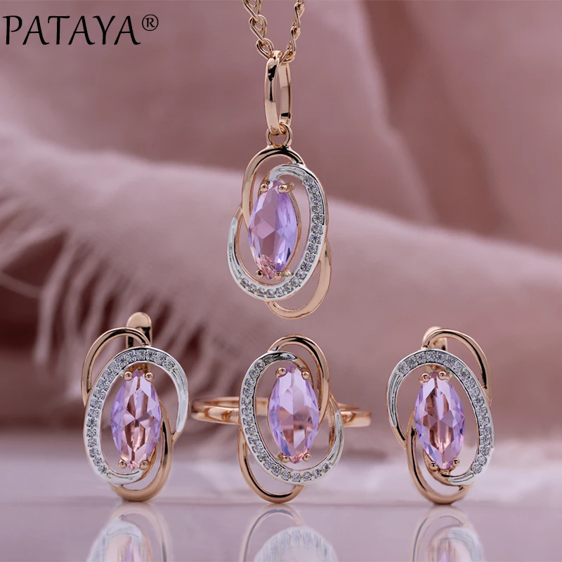 

PATAYA Women Ladies 585 Rose Gold Color Light Purple Cubic Zircon White Oval Weaving Ring Earring Pendant Necklace Sets New 2023