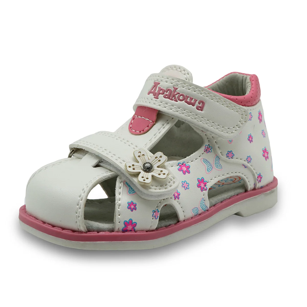 

Apakowa Kids Sandals PU Double Hook&Loop Summer Sandals Cute Flower Print Arch Support Girls Toddler Sandals Children's Shoes