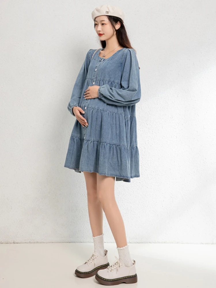 Spring Long Sleeves Casual Loose Dress Maternity Clothes for Pregnant Women Denim Lady Dress Pregnancy Dresses
