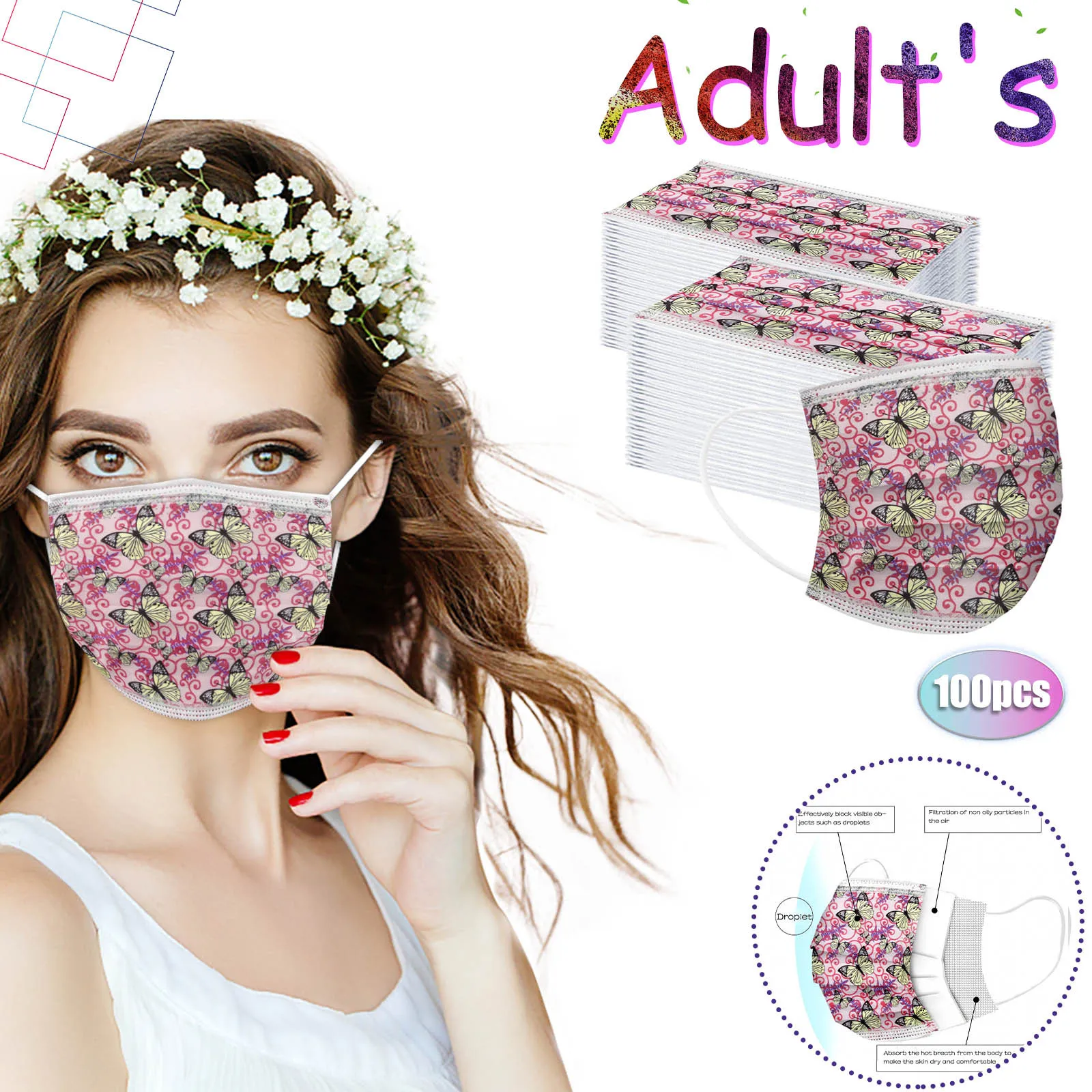 

Women Disposable Face Masks Adult Floral Printed Design 3ply Mouth Face Mask Covering Ear Loops Breathable Dustproof Masks