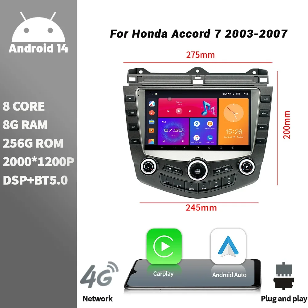 Android Bluetooth беспроводной стерео экран CarPlay для Honda Accord 7 2003-2007 автомобильный