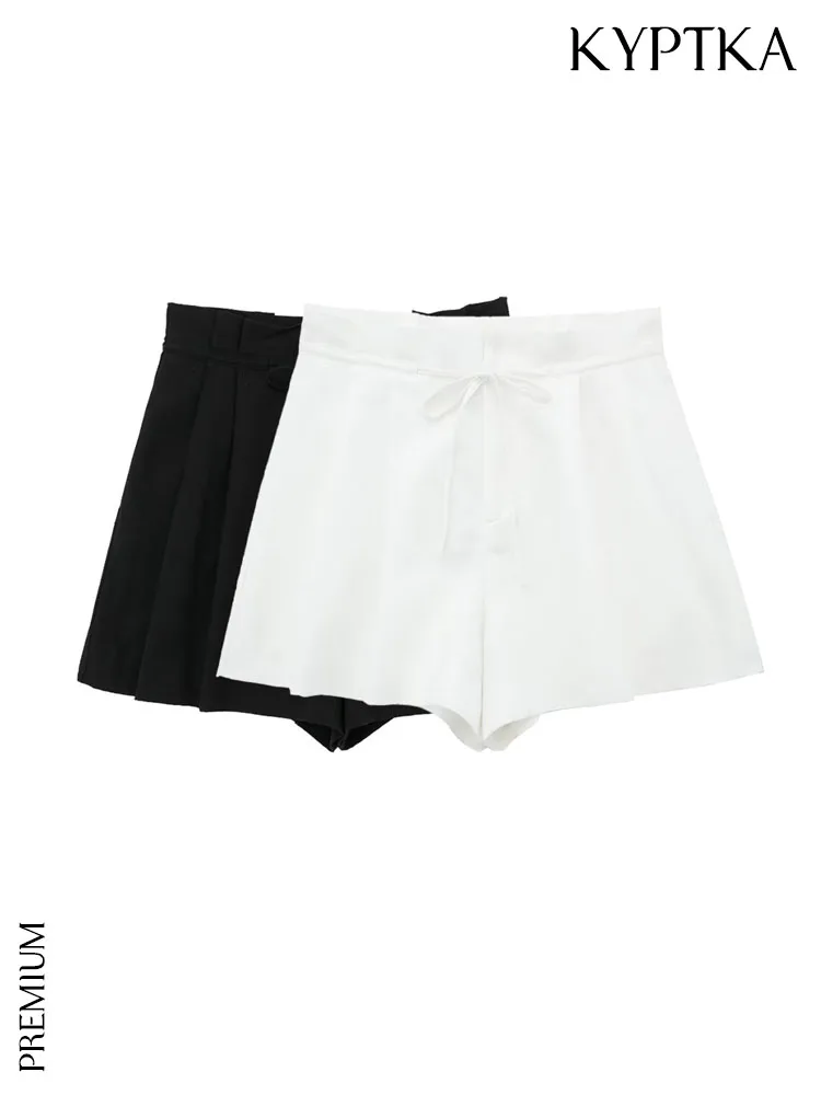 

KYPTKA Women Fashion With Tied Side Pockets Linen Bermuda Shorts Vintage High Waist Zipper Fly Female Short Pants Mujer