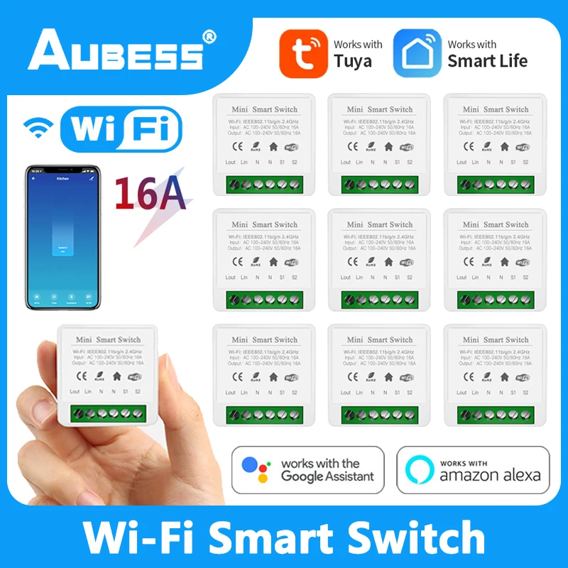 Миниатюрный Wi-Fi переключатель Aubess Tuya 16 А двухсторонний Модуль Автоматизации