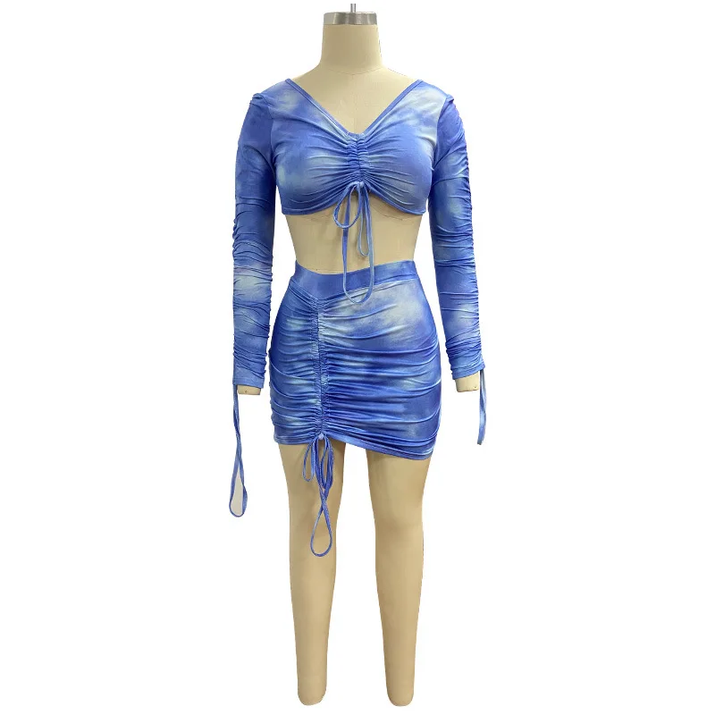 

2022 Tie Dye Ladies Dress Women Two Piece Pleated Skirt Women Set sexy short sleeve crop top women Club Dresses crop top outfit