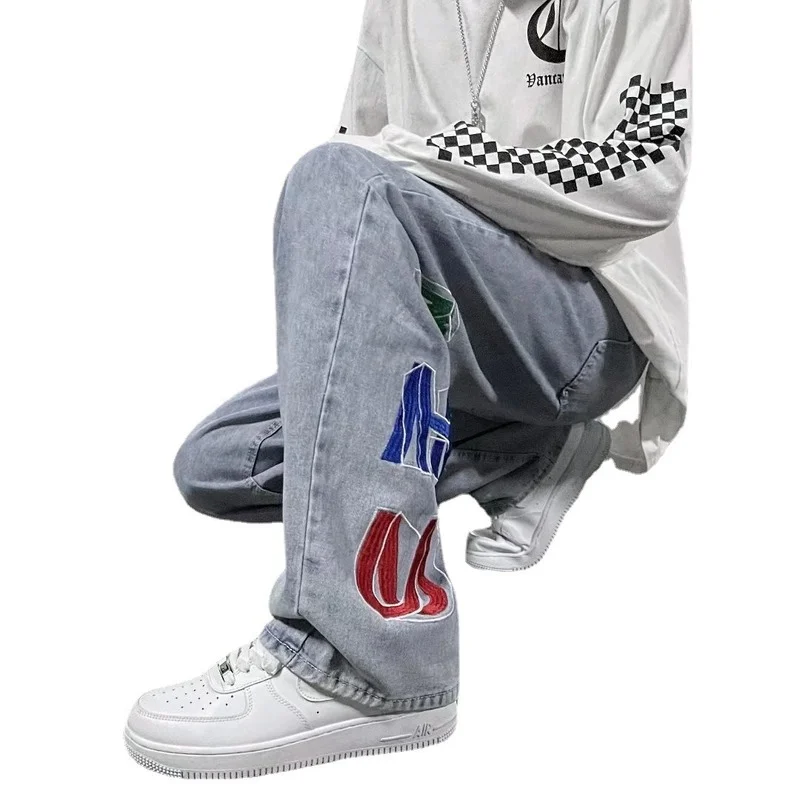 Men's Denim Pants Fashion Loose Wide Leg Jeans Casual Streetwear Printed Cross Trousers Pure Cotton Pants Baggy Men Jeans