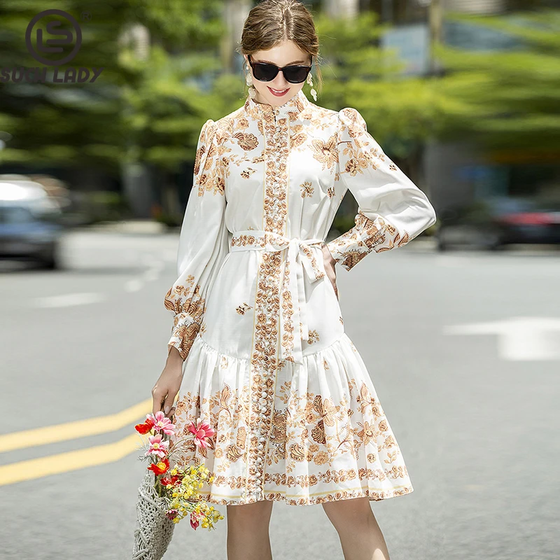 

Women's Runway Dress Stand Collar Long Sleeves Printed Sash Belt High Street Fashion Casual Dresses Vestidos