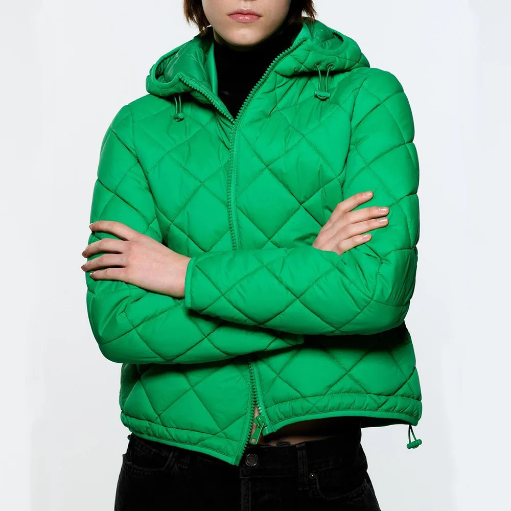 2022 New Autumn and Winter Women's Zipper Green Hooded Regular Cotton Clothing Casual Warm Jacket
